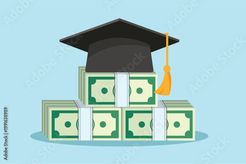 Graduation cap with money and coins for education investment