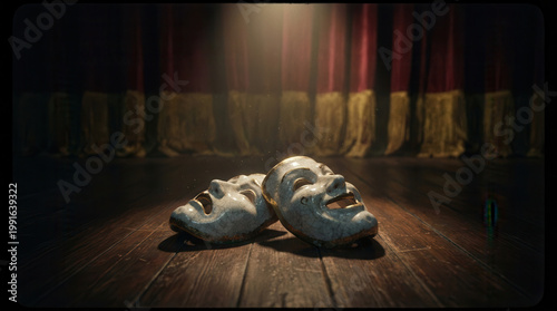 Two theatrical masks, one smiling and one frowning, resting on a dark wooden stage floor. Dramatic spotlight illuminates them, with blurred red and gold stage curtains.