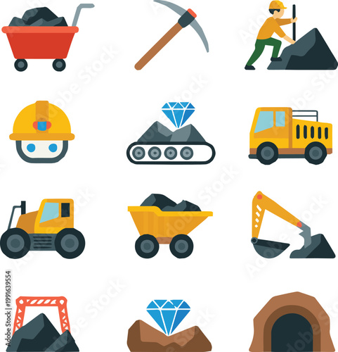 mining icon pack flat vector mining tools machinery symbols