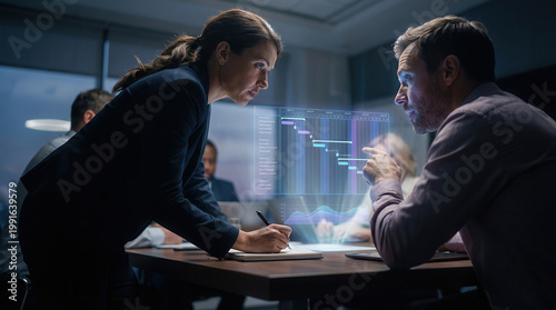 Businesswoman and businessman analyzing a glowing holographic Gantt chart, collaborating in a modern office. Innovative project management.