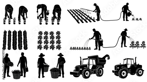 Top View Agriculture Process Vector Set – Planting, Watering, Harvesting Human Activity System Silhouette Illustration of Farming Workflow and Workers