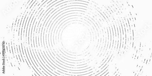 Black concentric circle texture. Radial geometric pattern background. Linear epicenter, radar, target concept. Round rippled halftone ring wallpaper for brochure, template, poster, overlay. Vector