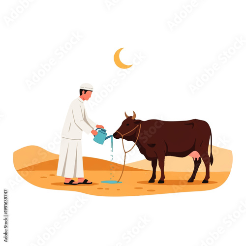 Vector Flat Design Illustration of a man in traditional clothing watering a cow under a crescent moon in a desert