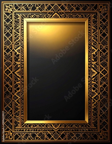 Ornate Gold Islamic Floral Frame with Dark Central Copy Space — Elegant Arabian Botanical Border Design for Luxury Event Invitations
