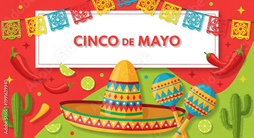 Cinco de Mayo celebration with sombrero maracas and chili peppers festive Mexican holiday illustration for party invitations and decorations
