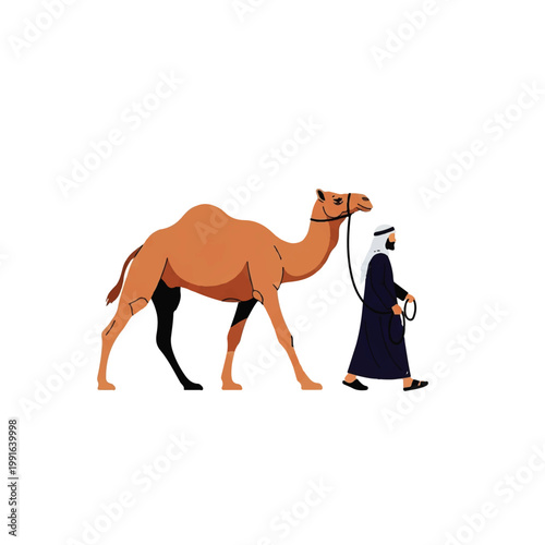 Vector Flat Design Illustration of a man in traditional Arabic clothing leading a camel across a desert landscape