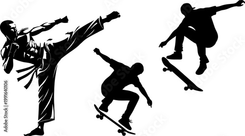 Dynamic silhouettes martial arts skateboarding and athletic movement