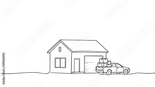 Minimal Continuous Line Art House with Car and Luggage Travel Theme Isolated PNG for Transparent Background Design