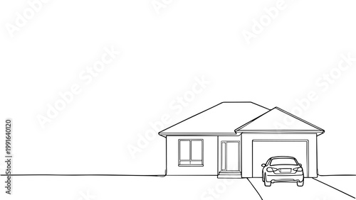 Minimal Continuous Line Art House with Garage and Car Modern Living Theme Isolated PNG for Real Estate and Website Design