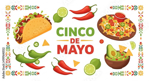 Cinco de Mayo celebration with traditional Mexican food like tacos nachos and guacamole decorated with chili peppers and limes perfect for festive invitations and decorations