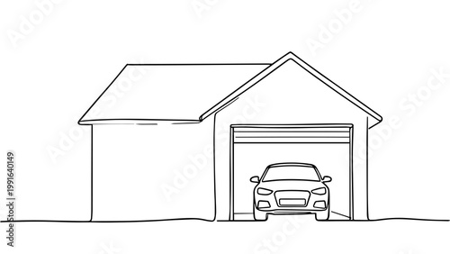 Minimal Continuous Line Art House with Open Garage and Car Modern Residential Theme Isolated PNG for Real Estate Design