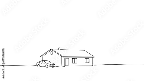 Minimalist Line Art Single Story House with Car Real Estate Theme for Design PNG