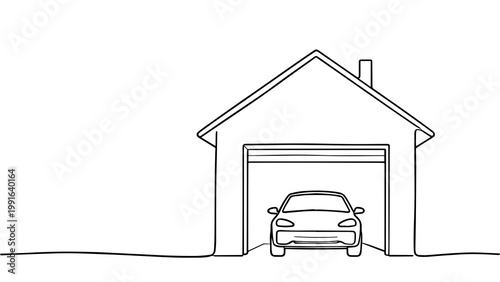 Minimal Continuous Line Art House with Closed Garage and Car Front View Residential Theme Isolated PNG for Real Estate and Website Design