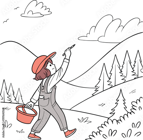 Outdoor worker, painter, illustration, coloring book, landscape artist