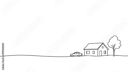 Minimal Continuous Line Art Small House with Car and Tree Simple Landscape Travel Theme Isolated PNG for Banner and Website Design
