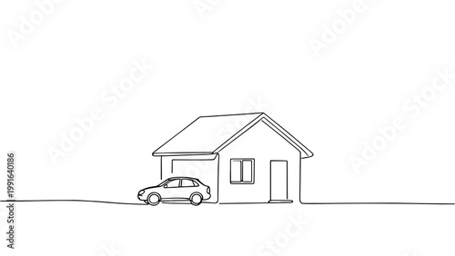 Minimalist Line Art Small House with Car Real Estate Theme for Design PNG