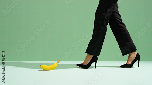 Woman in high heels narrowly avoids slipping on a banana peel.