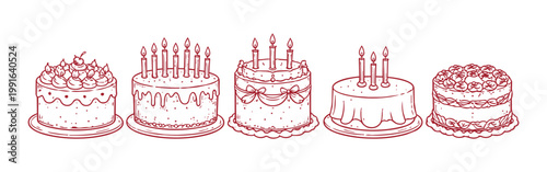 Collection of Hand-Drawn Birthday Cakes with Candles.