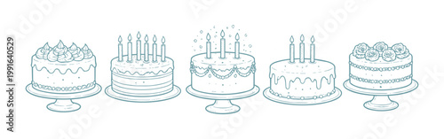Collection of Five Hand-Drawn Birthday Cakes with Candles.