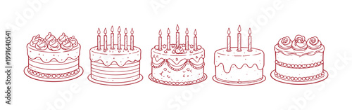 Collection of five hand-drawn cakes with candles and decorations.