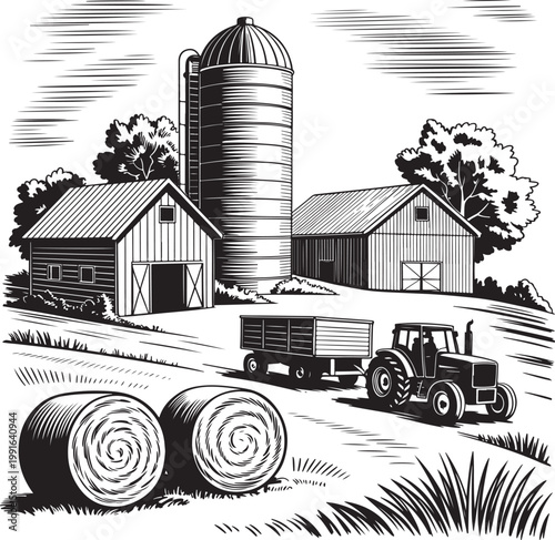 Vintage farm illustration with barn tractor silo and rural landscape scene