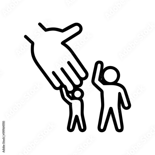 Big hand helping small people with raised hands symbol of charity and support