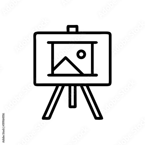 Easel with painting showing landscape scene with sun and mountain outline