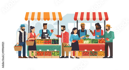 people buying fresh produce at outdoor market stalls