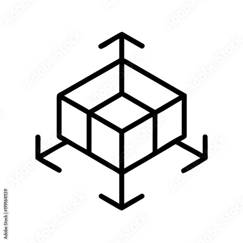 3d cube box with arrows indicating size and dimension for measurement and scale