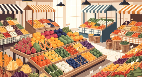 Vibrant fruit and vegetable market with colorful produce on display