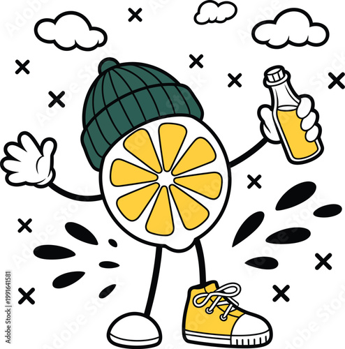 Cartoon lemon character wearing a green beanie and yellow sneaker holding a bottle of juice