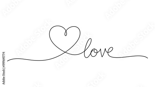 Minimalist continuous line drawing of the word love with a heart symbol. Continuous line style. Hand drawn. Line art. Vector design. illustration