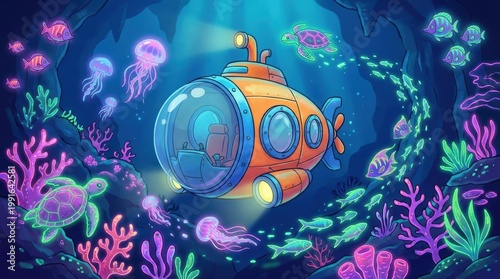 Colorful Submarine Exploring Vibrant Underwater Coral Reef with Jellyfish and Sea Turtles