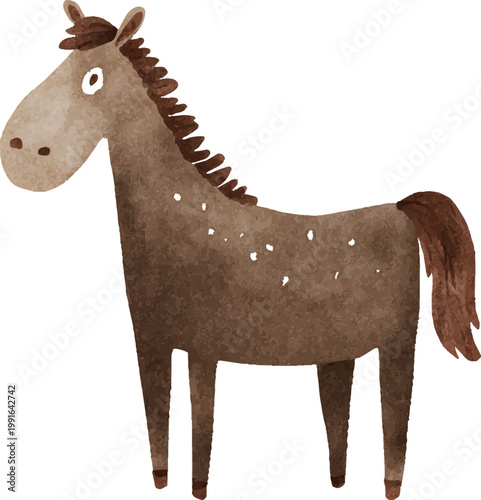 Brown horse with white spots standing.