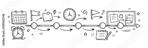 Timeline with clocks flags and notes on dark background