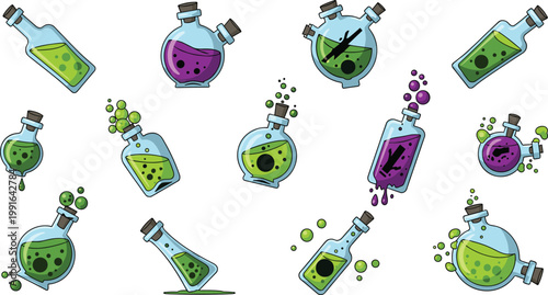 Cartoon Magic Potion Bottles Set with Colorful Liquid Elixirs Bubbles Glass Flasks and Fantasy Alchemy Elements for Game UI and Design.
