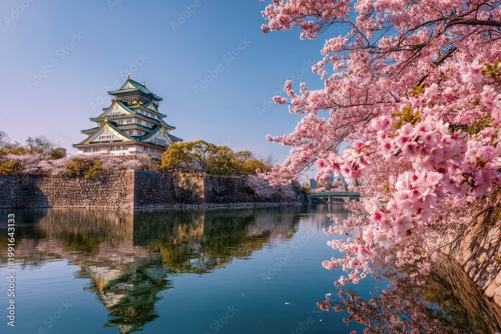 Obraz premium A picturesque view of Osaka Castle framed by vibrant cherry blossoms and reflected in the tranquil water, showcasing the beauty of springtime in Japan.