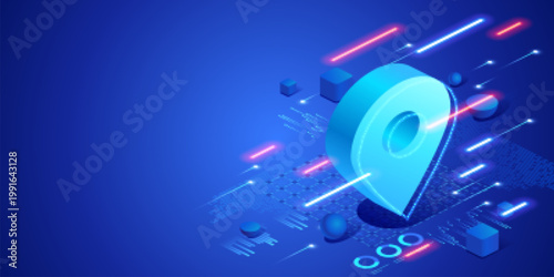 Online tracking and geolocation service concept with digital location pin and data interface. Futuristic isometric neon illustration navigation technology, GPS systems and logistics monitoring.
