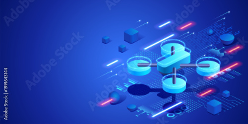 Drone delivery and autonomous logistics technology concept with quadcopter and digital network interface. Futuristic neon isometric illustration modern shipping innovation and smart transport.