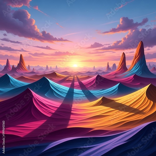 Vibrant surreal sand dunes at sunrise with colorful gradient lighting and fantasy landscape