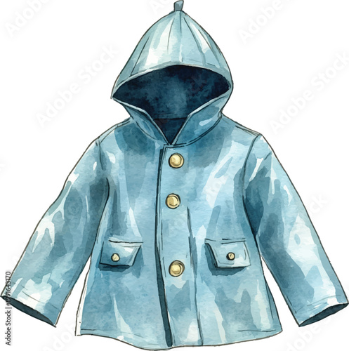 Blue shiny hooded rain jacket front.