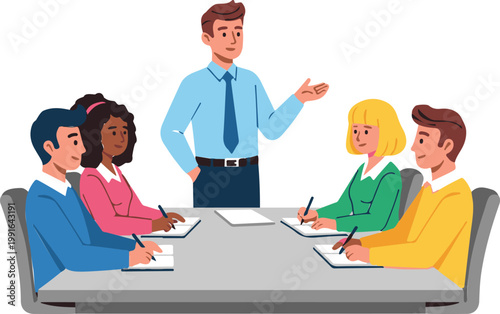 Professional team leader presenting a new project idea to a group of diverse employees sitting around a modern table
