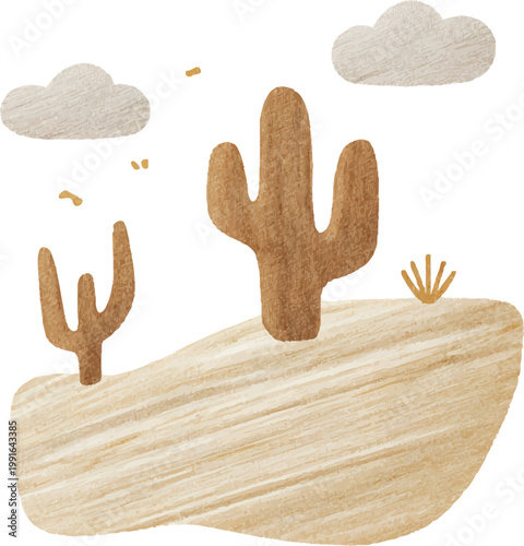 Cactus plant on sandy desert hill.