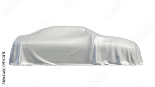 Foto Covered sedan car with silver fabric drape, hidden vehicle shape, isolated on transparent background, side view, representing product reveal, secrecy, anticipation, and automotive presentation