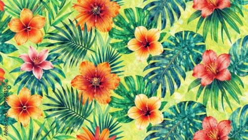Lush Tropical Floral Pattern Featuring Vibrant Flowers and Green Leaves in a Watercolor Style