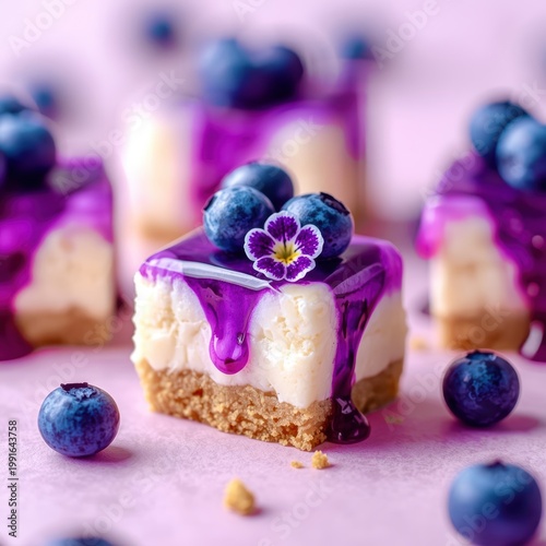 Blueberry cheesecake squares with purple glaze and edible flower