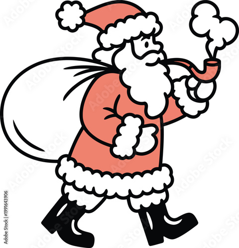 Vintage style santa claus illustration with a sack and a smoking pipe