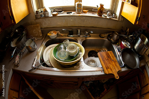 High angle view of kitchen sink overflowing with dirty ceramic plates and glass cups, messy home environment in natural morning light