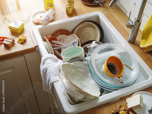 High angle view of kitchen sink overflowing with dirty ceramic plates and glass cups, messy home environment in natural morning light