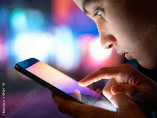 Close-up of teenager hands holding smartphone in dark room, screen light reflecting on face with bokeh city lights background